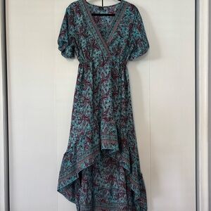 Zury Women’s Dress High-Low Paisley Teal Burgundy Pink Boho Silk Blend Free Size